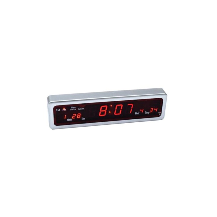 Цифров стенен часовник, LED дисплей, AM/PM, дата, термометър, Caixing, сребро, JRH®