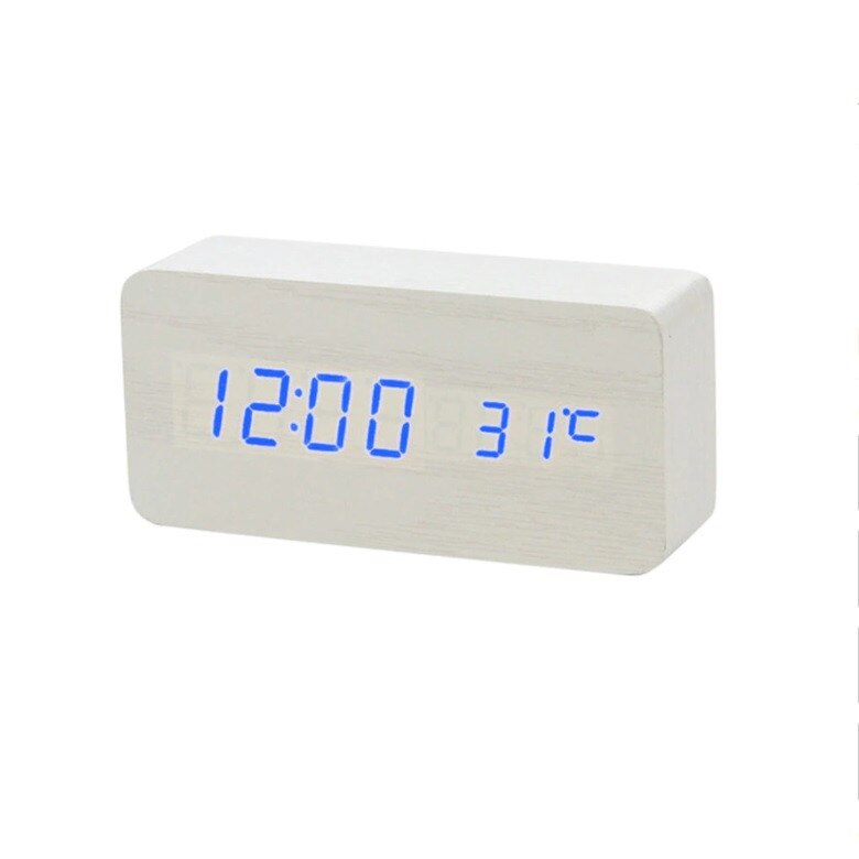 Ceas digital LED, textura Lemn, Wood Style, Alarma, afisaj Temperatura, Data, Alb