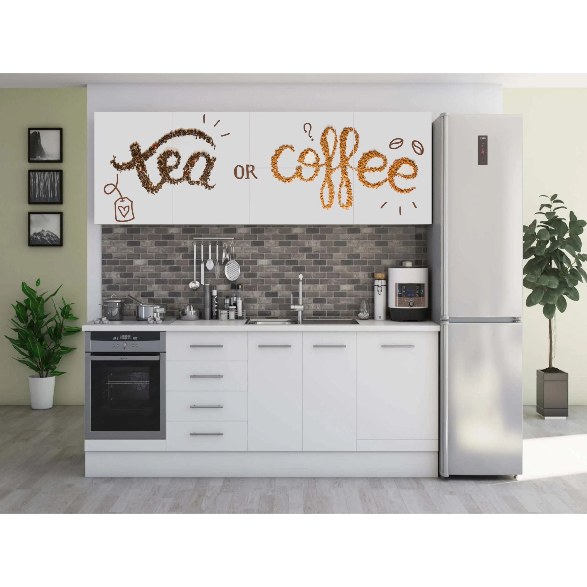 Set Bucatarie Alfa cu Print, 260 cm, Alb/Ceai