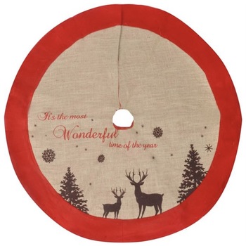 Covor pentru brad Craciun din iuta cu finisaj rosu si design de ren, 1 m Covor pentru brad Craciun din iuta cu finisaj rosu si design de ren, 1 m