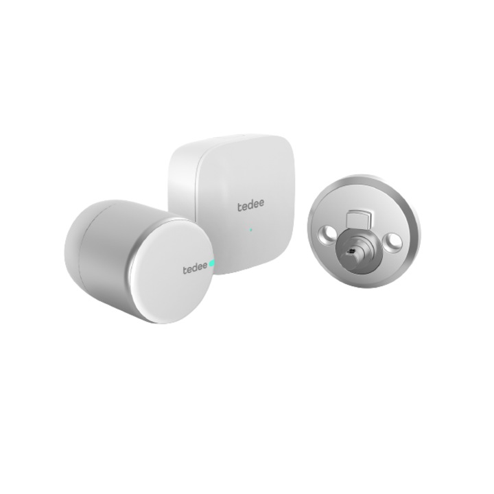 Set Incuietoare inteligenta Tedee, BlueTooth, HomeKit, iOS & Android app, Argintiu si Adaptor conectare Wi-Fi, Adaptor cheie pentru cilindrul existent, Argintiu