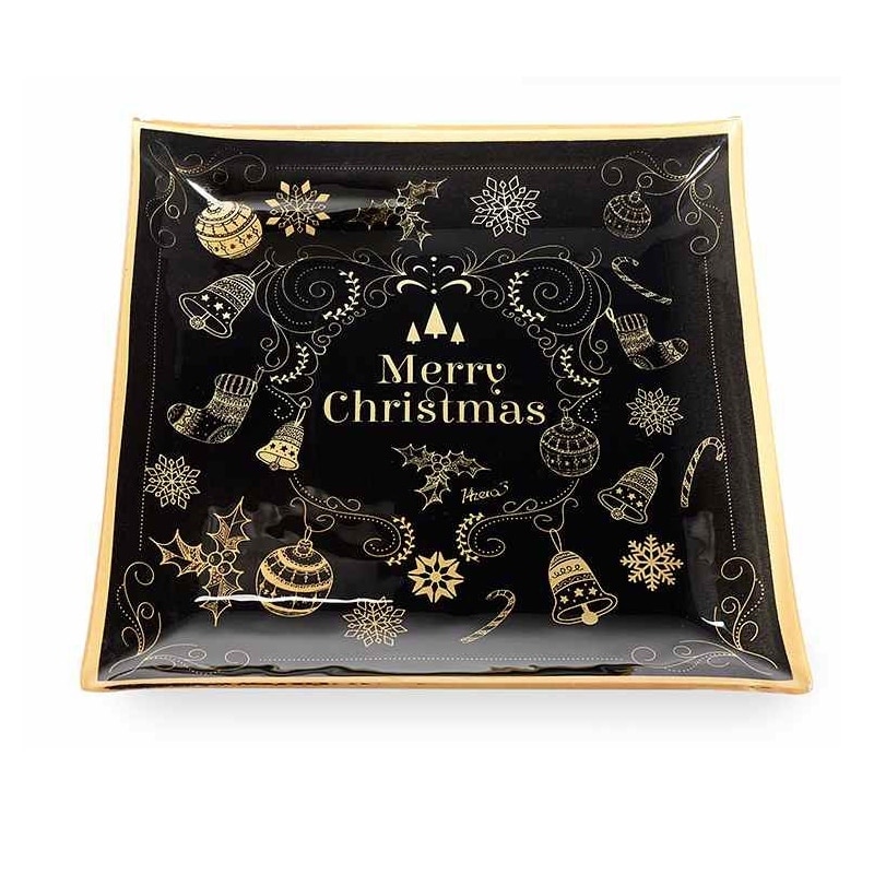 Platou Craciun din sticla neagra aurie 25x25 cm