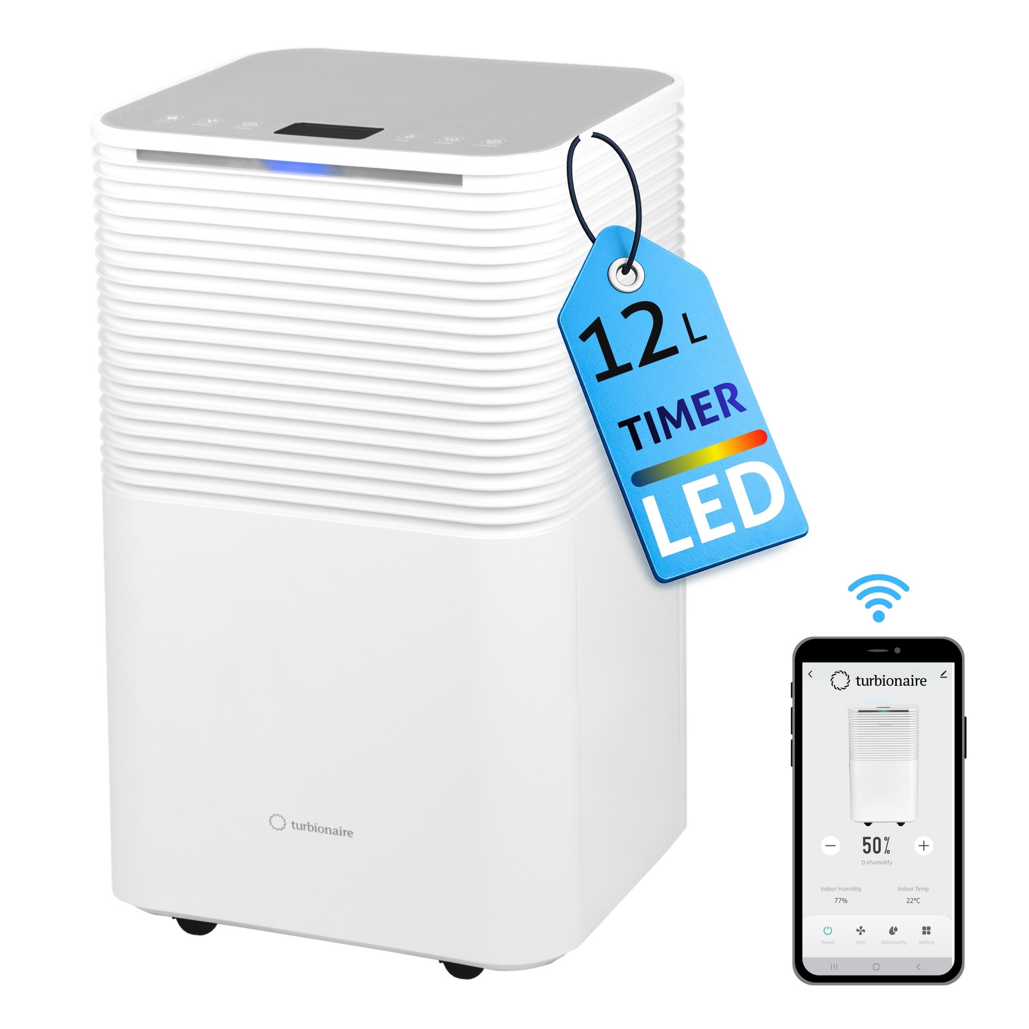 Dezumidificator Turbionaire EPI 12 WIFI, 12 l/24h, WIFI, 120 m³/h, Finisaj ABS Mat, Control digital tactil, Rezervor 2l, Timer, Indicator luminos umiditate, Display LED, Higrostat