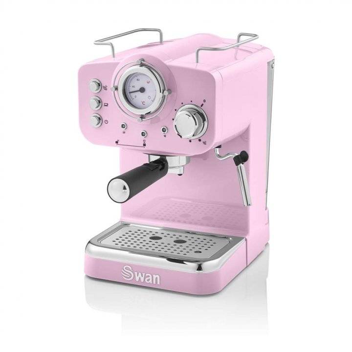 Espressor Retro Swan SK22110P, 15 Bari, Sistem Cappucino, Putere 1100W, Roz, Capacitate 1.2 Litri