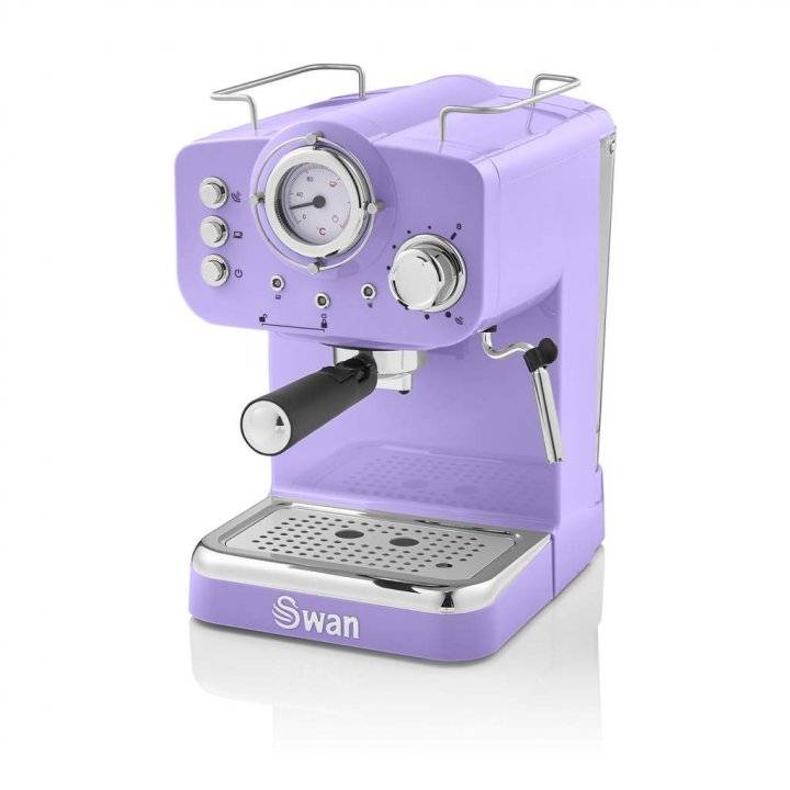 Espressor Retro Swan SK22110PR, 15 Bari, Sistem Cappucino, Putere 1100W, Capacitate 1.2 Litri, Mov