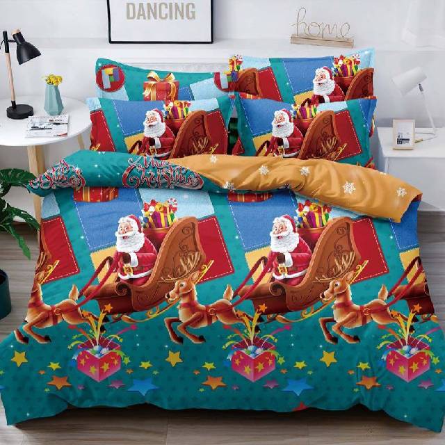Lenjerie 6 piese din Bumbac Finet, model Mos Craciun si reni 235 x 240