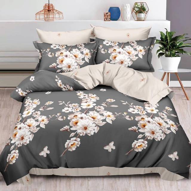 Lenjerie 6 piese din Bumbac Finet, model Flowers Grey 235 x 240
