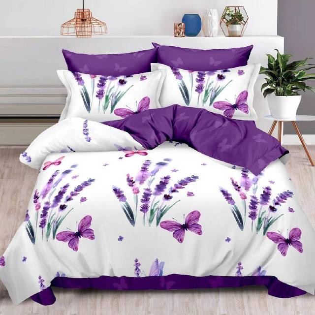 Lenjerie 6 piese din Bumbac Finet, model Fluturi Lavander 235 x 240