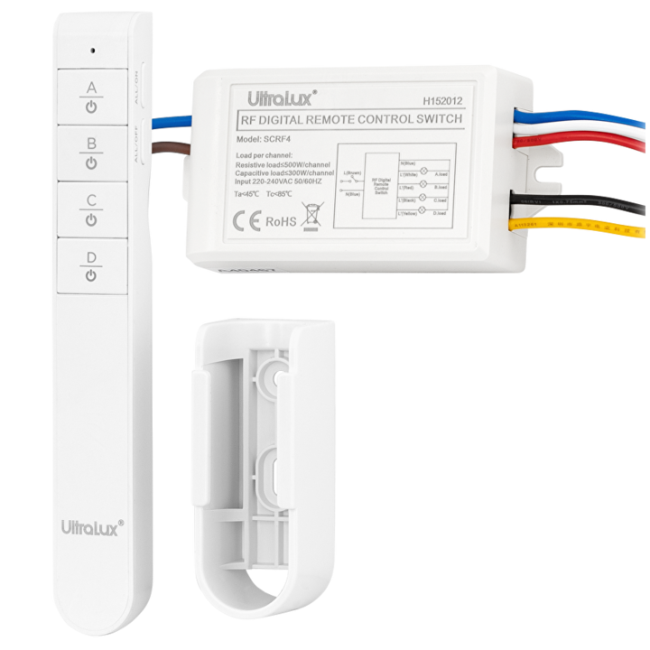 Comutator cu patru canale cu telecomanda RF, Ultralux, 220V-240V AC, 4x300W, Alb
