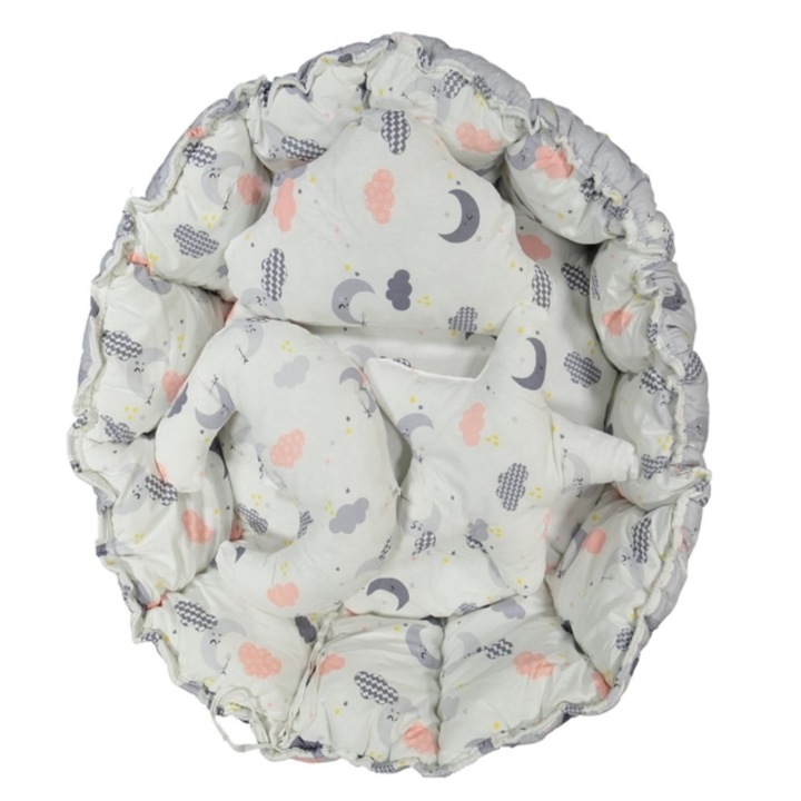 Cuib multifunctional pentru bebelusi Coccoo Bebe, gri, 90 cm, cu 3 elemente, pentru dormit si joaca