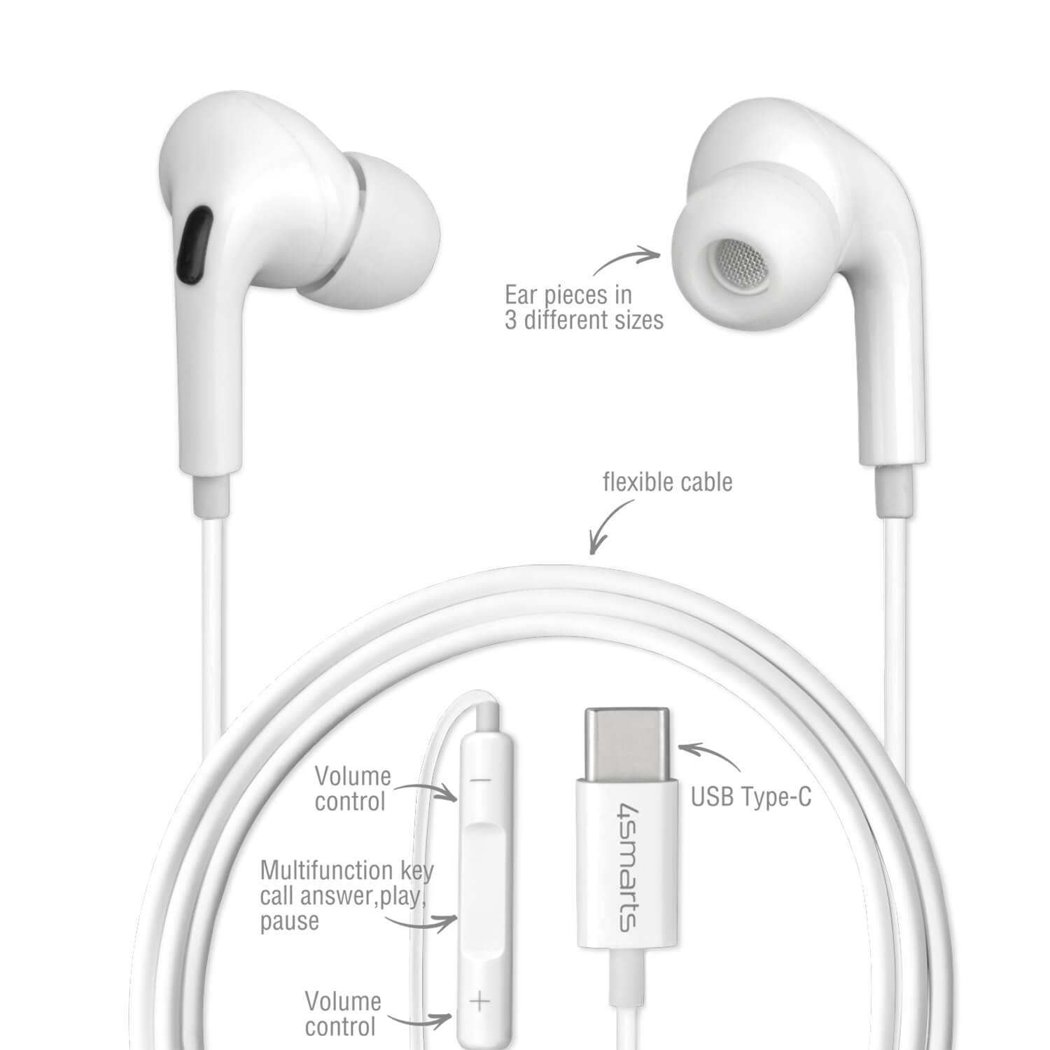 Casti Active cu cablu USB-C, control sunet si microfon , 4smarts Active Melody Digital Basic, alb