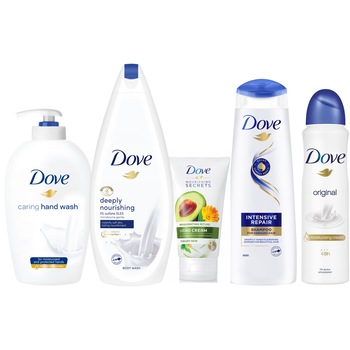 Set cadou Dove Deeply Nourishing: Sapun lichid, 250 ml + Gel De Dus, 750 ml + Crema De Maini Avocado Extract, 75 ml + Sampon Intensive, 250 ml + Spray Original, 200 ml Set cadou Dove Deeply Nourishing: Sapun lichid, 250 ml + Gel De Dus, 750 ml + Crema De Maini Avocado Extract, 75 ml + Sampon Intensive, 250 ml + Spray Original, 200 ml