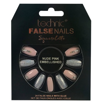 Set 24 Unghii False cu adeziv inclus Technic False Nails, Squareletto, Nude Pink Embellished Set 24 Unghii False cu adeziv inclus Technic False Nails, Squareletto, Nude Pink Embellished