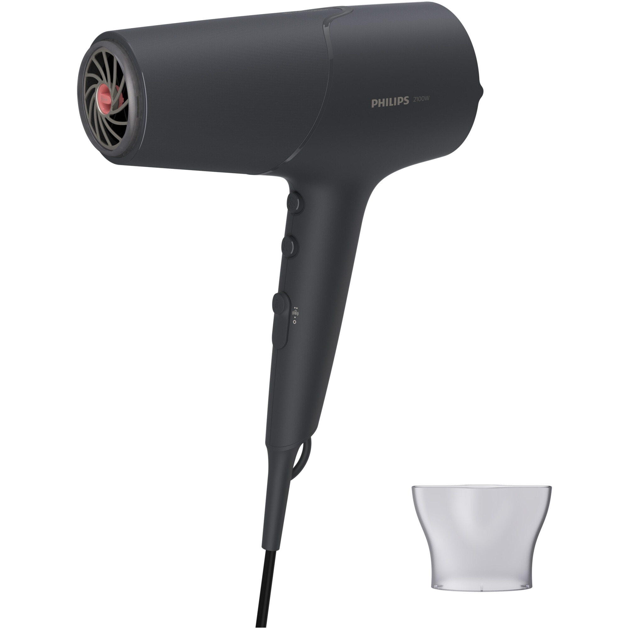 Uscator de par Philips BHD504/00, 2100W, tehnologie ThermoShield, ingrijire cu ioni, 2 setari de viteza, 3 setari de temperatura, cap de coafare 14 mm, Gri carbune metalizat