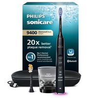 Periuta de dinti sonica electrica Philips Sonicare DiamondClean 9000 HX9917/89, 62000 miscari/minut, 4 moduri de curatare, 3 nivele intensitate, senzor presiune, functia BrushSync, 2 baze de incarcare, 2 capete de periere, aplicatie Sonicare, Negru