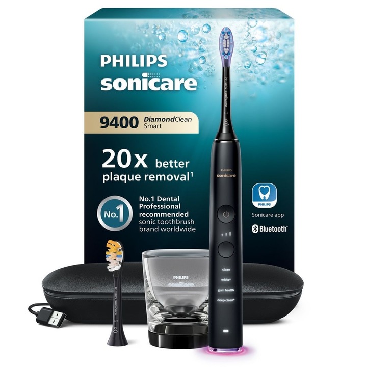 Ел. четка за зъби Philips Sonicare DiamondClean 9000 HX9917/89, Звукова, 62000 осцилации/мин, 4 режима на почистване, 3 нива на интезитета, Сензор за натиск, Функция BrushSync, 2 стойки за зареждане, 2 накрайника, Приложение Sonicare, Черен