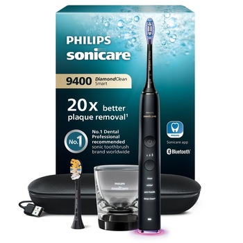 Periuta de dinti sonica electrica Philips Sonicare DiamondClean 9000 HX9917/89, 62000 miscari/minut, 4 moduri de curatare, 3 nivele intensitate, senzor presiune, functia BrushSync, 2 baze de incarcare, 2 capete de periere, aplicatie Sonicare, Negru