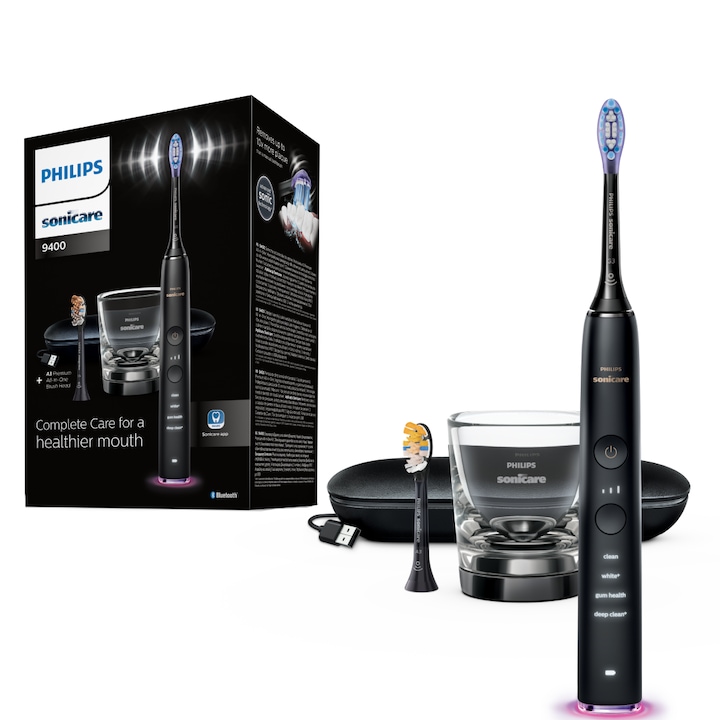 Ел. четка за зъби Philips Sonicare DiamondClean 9000 HX9917/89, Звукова, 62000 осцилации/мин, 4 режима на почистване, 3 нива на интезитета, Сензор за натиск, Функция BrushSync, 2 стойки за зареждане, 2 накрайника, Приложение Sonicare, Черен