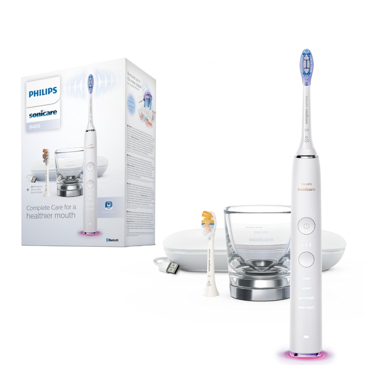 Ел. четка за зъби Philips Sonicare DiamondClean Smart 9400 HX9917/88, 62000 движения/минута, 4 режима на почистване, 3 нива на интензивност, Сензор за натиск, Функция BrushSync, 2 зареждащи основи, 2 глави на четка, Бял