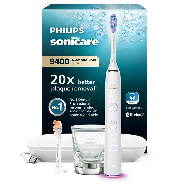 Ел. четка за зъби Philips Sonicare DiamondClean Smart 9400 HX9917/88, 62000 движения/минута, 4 режима на почистване, 3 нива на интензивност, Сензор за натиск, Функция BrushSync, 2 зареждащи основи, 2 глави на четка, Бял