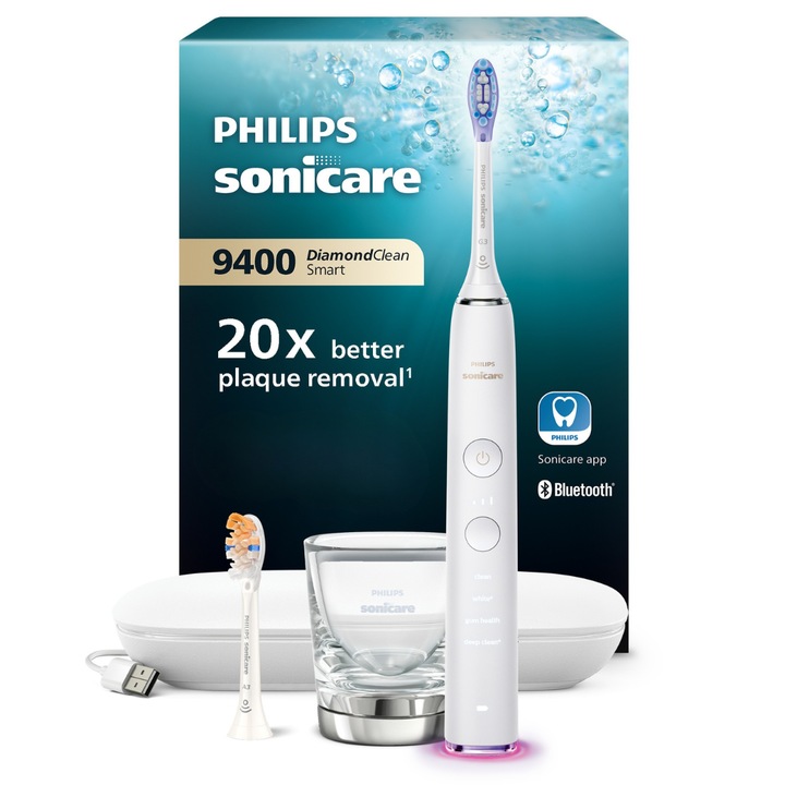 Periuta de dinti sonica electrica Philips Sonicare DiamondClean Smart 9400 HX9917/88, 62000 miscari/minut, 4 moduri de curatare, 3 nivele intensitate, senzor presiune, functia BrushSync, 2 baze cu rol de incarcare, 2 capete de periere, Alb