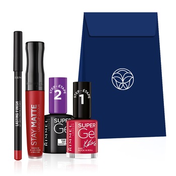 Set Cadou Rimmel: Ruj lichid mat Stay Matte 500 Fire Starter, 5.5 ml + Lac de Unghii Super Gel 042 Rock N Roll, 12 ml + Top Coat Super Gel, 12 ml + Creion de buze Lasting Finish 8-hour lip liner, 505 Red Dynamite, 1.2 g Set Cadou Rimmel: Ruj lichid mat Stay Matte 500 Fire Starter, 5.5 ml + Lac de Unghii Super Gel 042 Rock N Roll, 12 ml + Top Coat Super Gel, 12 ml + Creion de buze Lasting Finish 8-hour lip liner, 505 Red Dynamite, 1.2 g