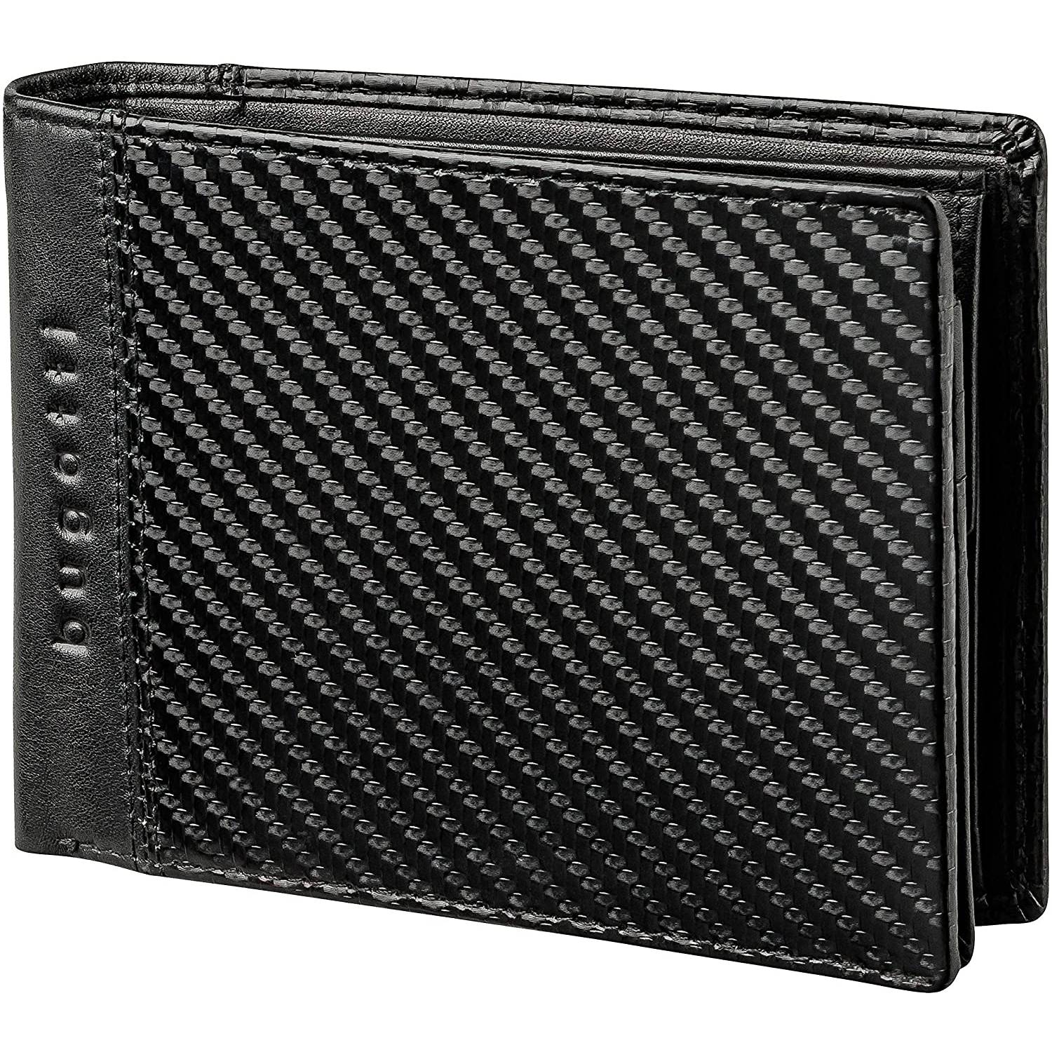 Portofel BUGATTI, Comet, piele neagra, multiple compartimente, protectie RFID, fereastra mesh