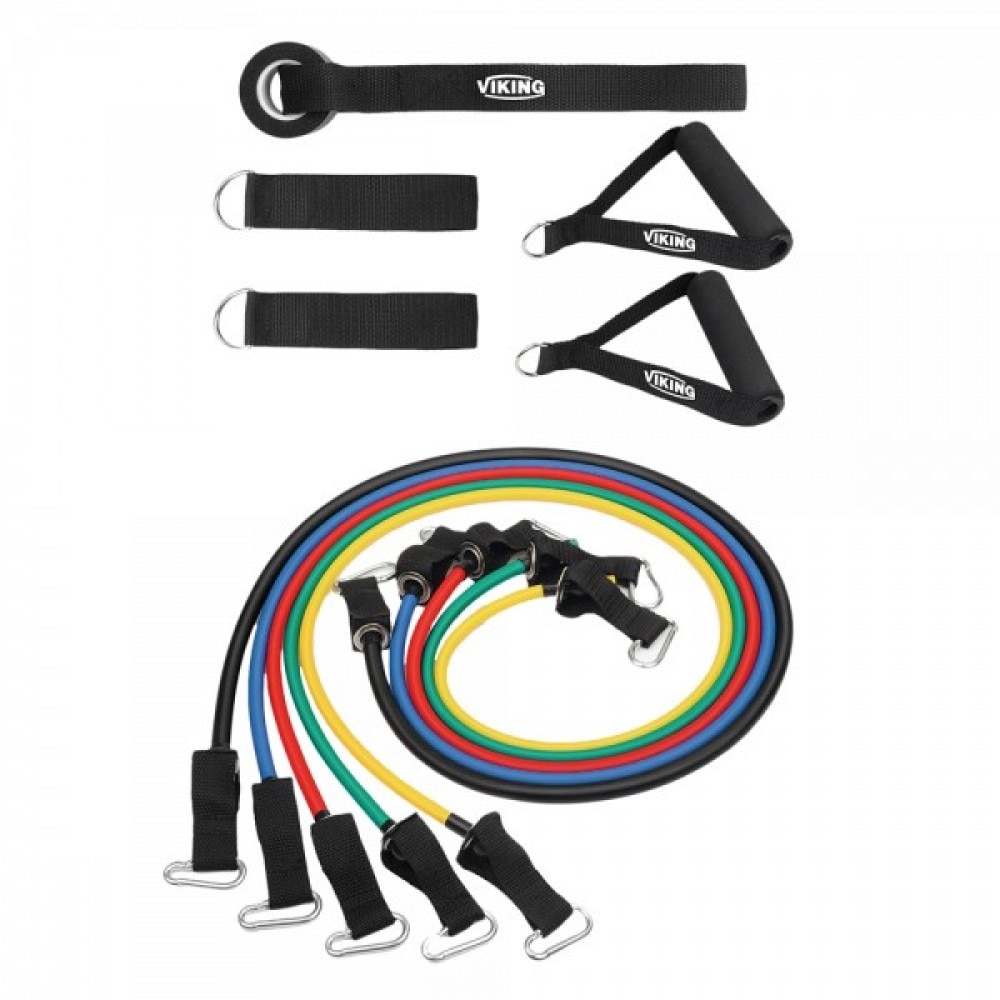 Set antrenament 10 accesorii, VIKING, 5 benzi elastice, 4 manere, ancora de siguranta usa, Multicolor
