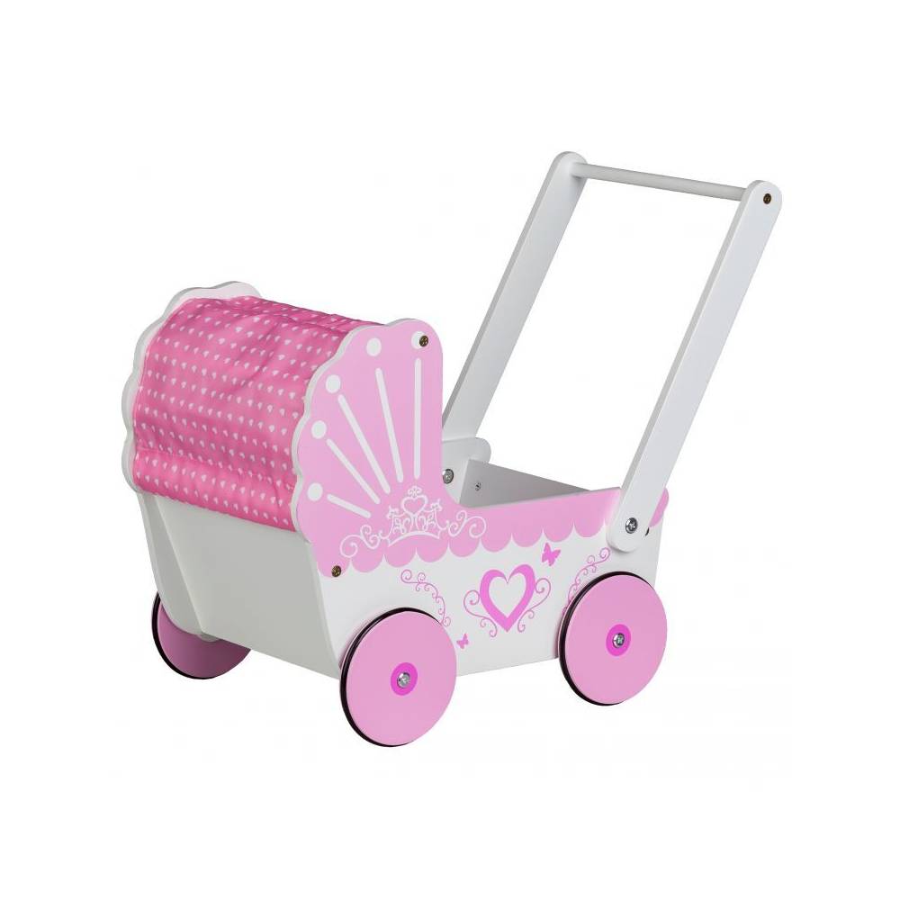 Carucior de Lemn Pentru Papusi, Bigshot BST003WPNK, Roti cu Benzi Cauciucate, 46.5 x 40 x 27 cm, Alb - Roz