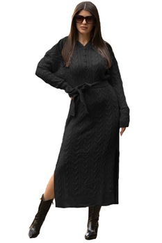 Rochie tricotata Melina cu gluga si cordon, Negru, S-M Rochie tricotata Melina cu gluga si cordon, Negru, S-M