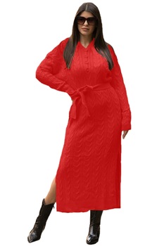 Rochie tricotata Melina cu gluga si cordon, Rosu, S-M Rochie tricotata Melina cu gluga si cordon, Rosu, S-M