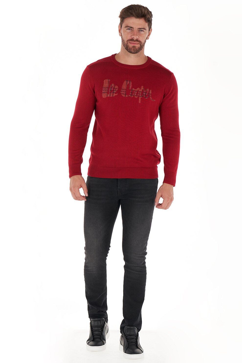 Lee Cooper, Pulover cu decolteu rotund si logo, Rosu