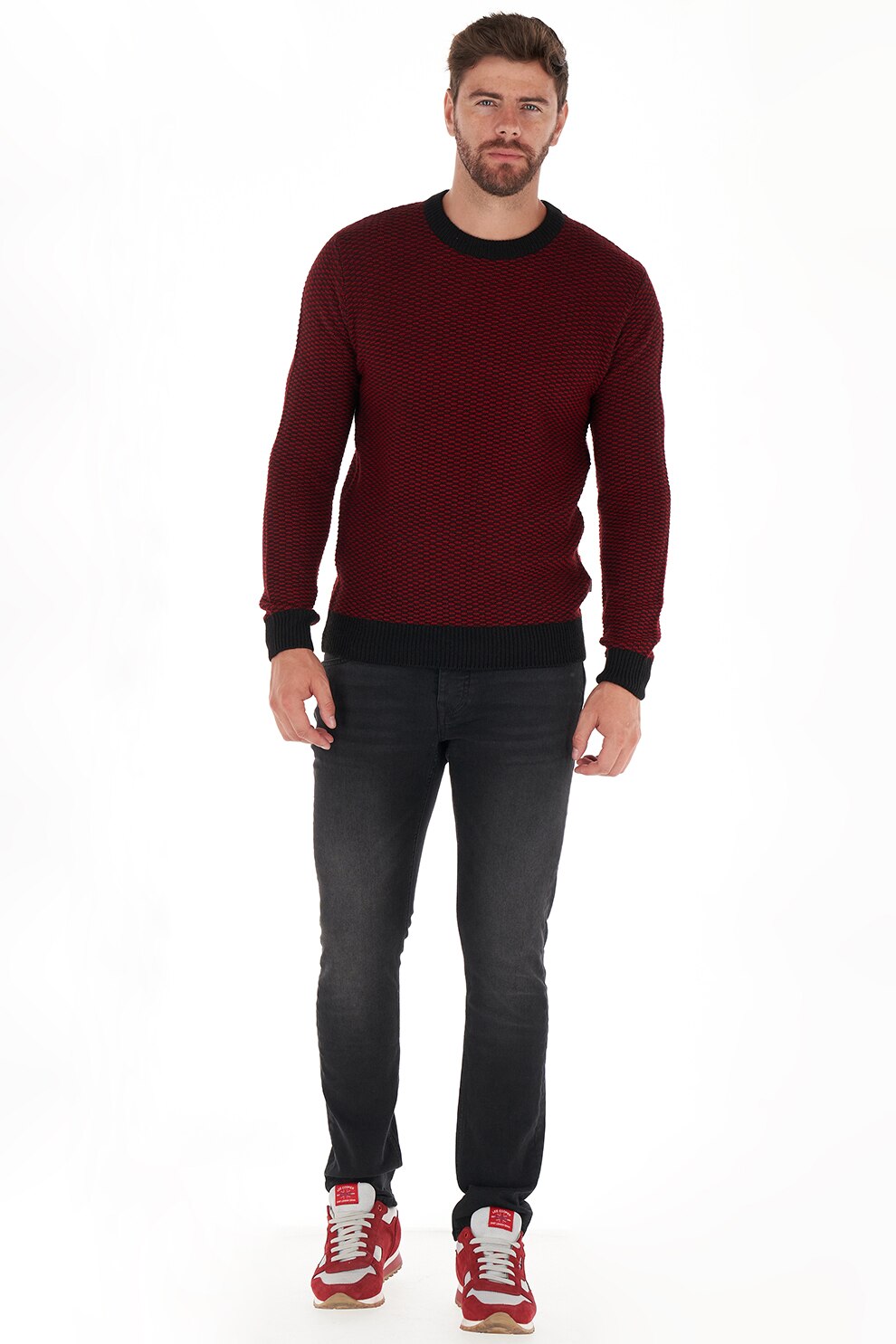 Lee Cooper, Pulover cu decolteu la baza gatului si maneci lungi, Rosu inchis/Negru