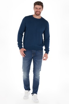 Kenvelo, Pulover cu decolteu la baza gatului si model uni, Albastru inchis Kenvelo, Pulover cu decolteu la baza gatului si model uni, Albastru inchis