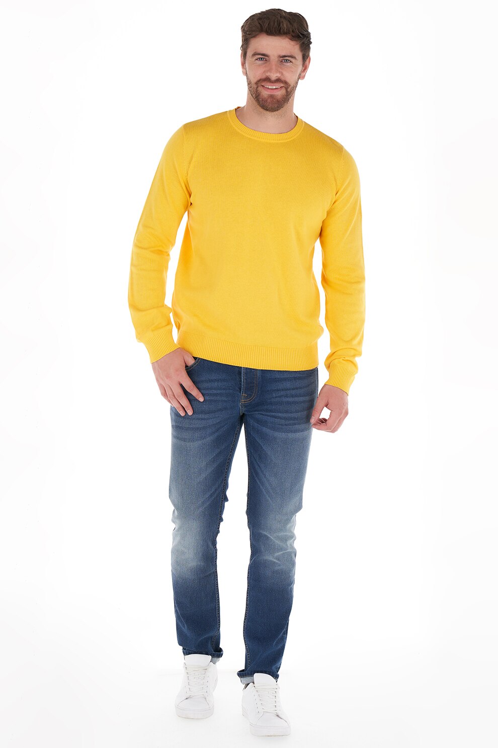 Kenvelo, Pulover cu decolteu la baza gatului si model uni, Galben, S