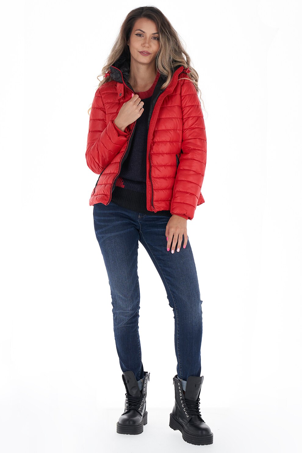 Lee Cooper, Geaca matlasata cu gluga, Rosu/Negru