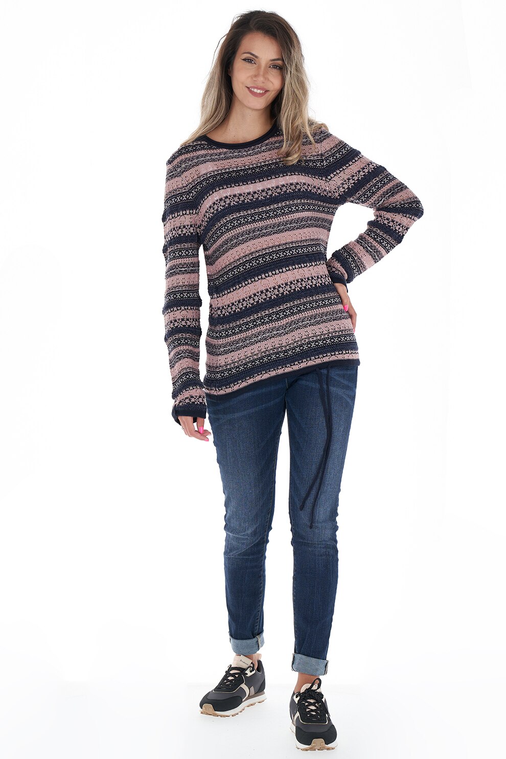 Lee Cooper, Pulover cu dungi si model etnic, Roz prafuit/Bleumarin