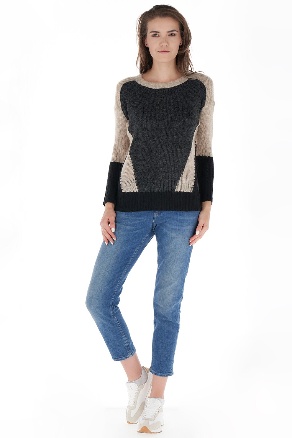 Lee Cooper, Pulover tricotat cu maneci cazute, Gri inchis melange/Bej/Negru