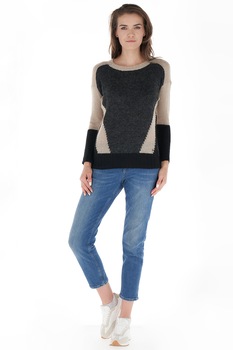 Lee Cooper, Pulover tricotat cu maneci cazute, Gri inchis melange/Bej/Negru Lee Cooper, Pulover tricotat cu maneci cazute, Gri inchis melange/Bej/Negru