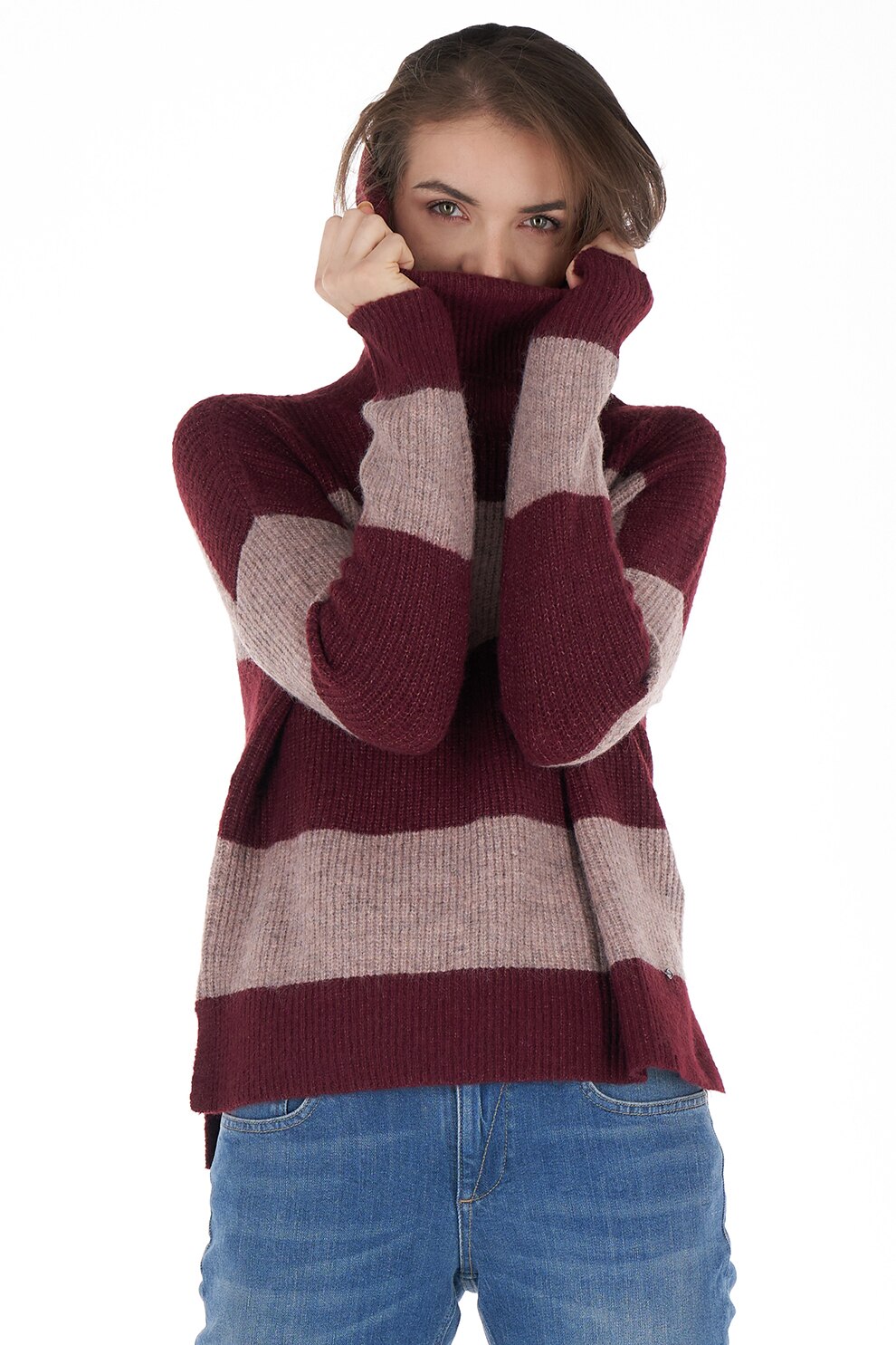 Lee Cooper, Pulover cu maneci cazute si guler inalt, Rosu Bordeaux/rosu stins