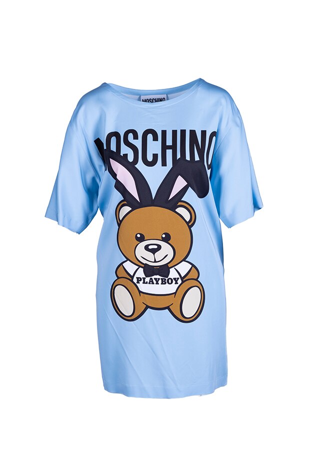 Rochie-tricou cu decolteu la baza gatului si imprimeu grafic, Moschino, Azur