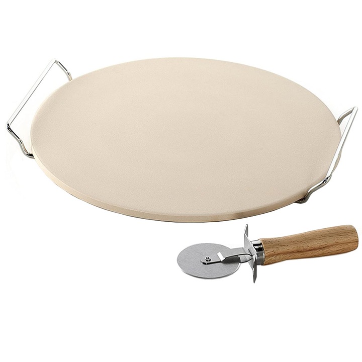 Set piatra de pizza din ceramica, cu manere si taietor Quasar & Co.®, piatra/metal/lemn, d 33 cm, crem