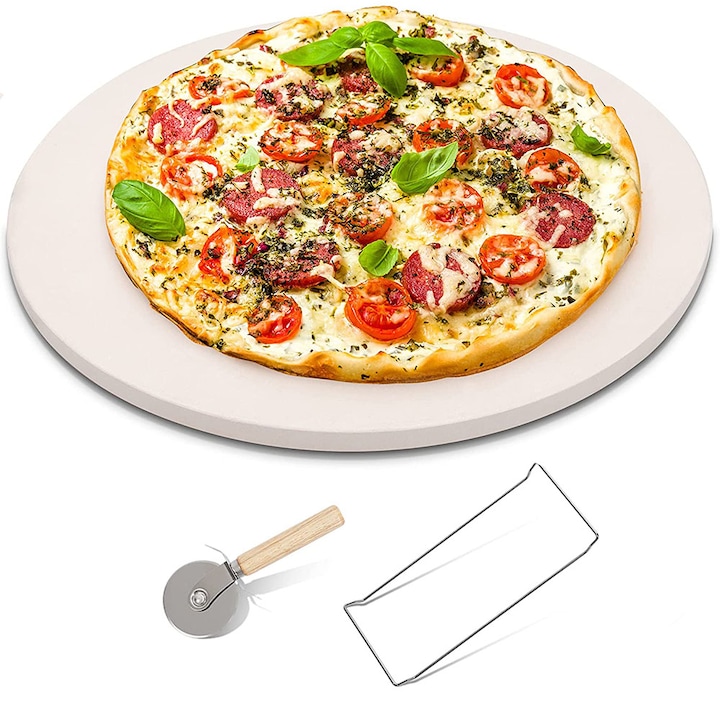 Тава за пица, Quasar & Co.®, Камък, с резец, d 33 см, крем