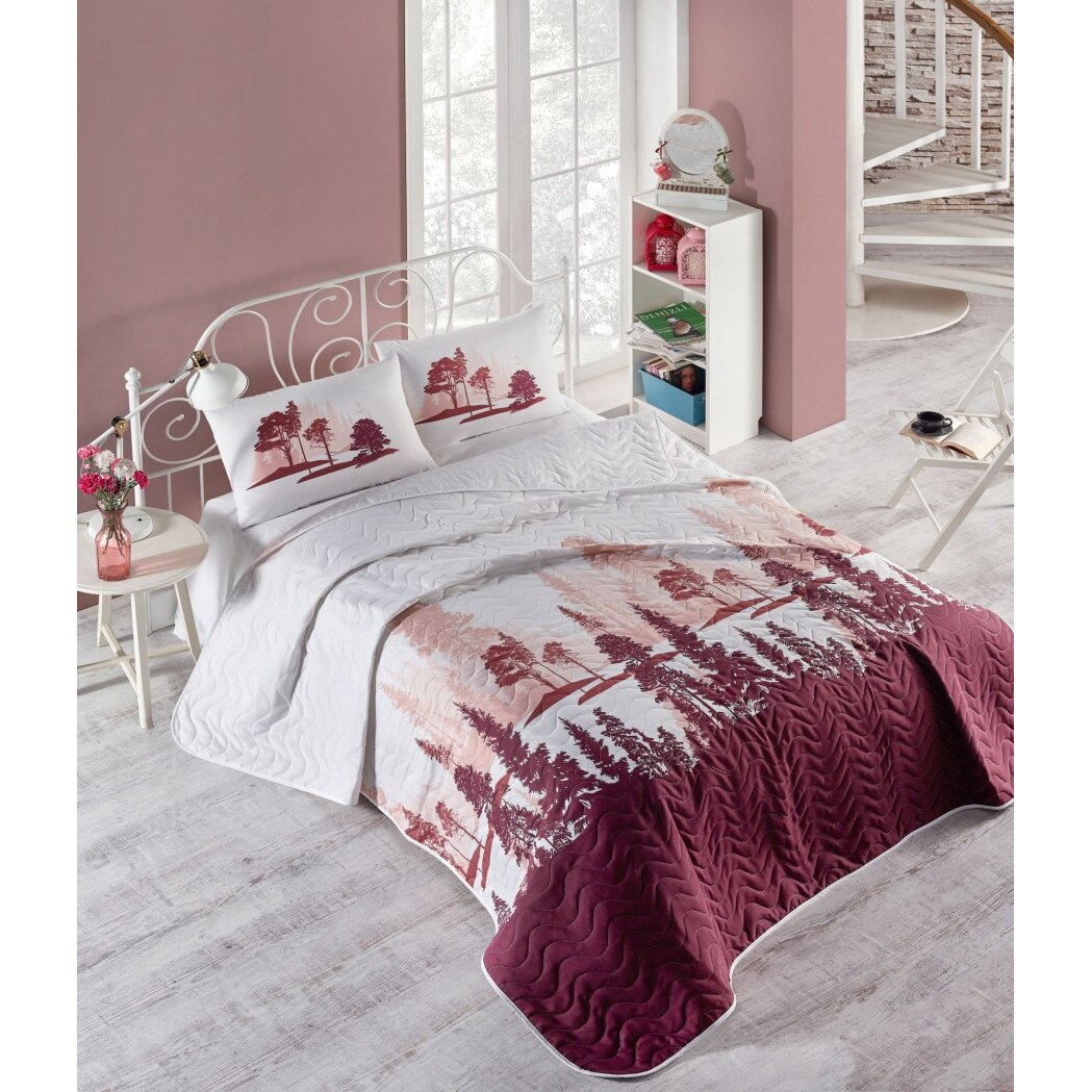 Set cuvertura matlasata 200x220 cm cu 2 fete perna 50x70 cm, Eponj Home, Doga - Claret Red