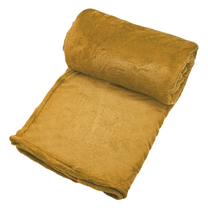Кадифено одеяло от мек материал, полиестер, горчично жълто, 150x220 см