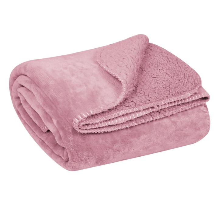 Зимно одеяло с две страни, косъм и шерпа, мека материя, полиестер, розово, 160x130 см