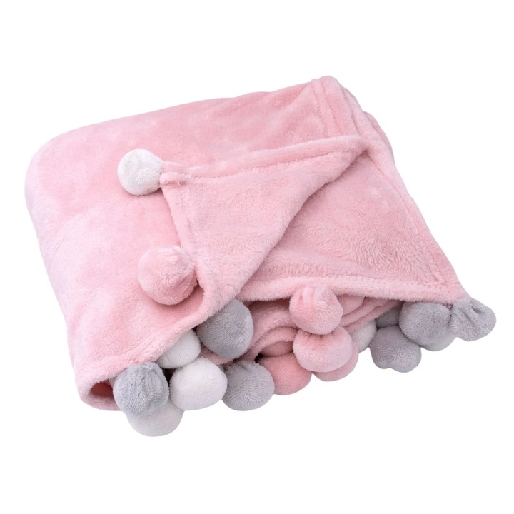 Топло зимно одеяло с бяло-сиви пискюли, плат кадифе, мека материя, розово, полиестер, 160x130 см