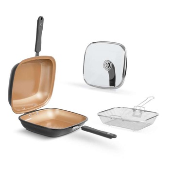 Set tigaie dubla MediaShop Doubletta Livington Black Deluxe 3498, Grill si supratafa plana, Capac din sticla, Cos pentru prajire, Negru/Portocaliu Set tigaie dubla MediaShop Doubletta Livington Black Deluxe 3498, Grill si supratafa plana, Capac din sticla, Cos pentru prajire, Negru/Portocaliu