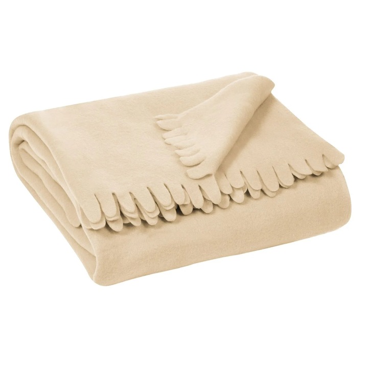 Patura franjurata mica, material fleece moale, poliester, bej, 130x170 cm