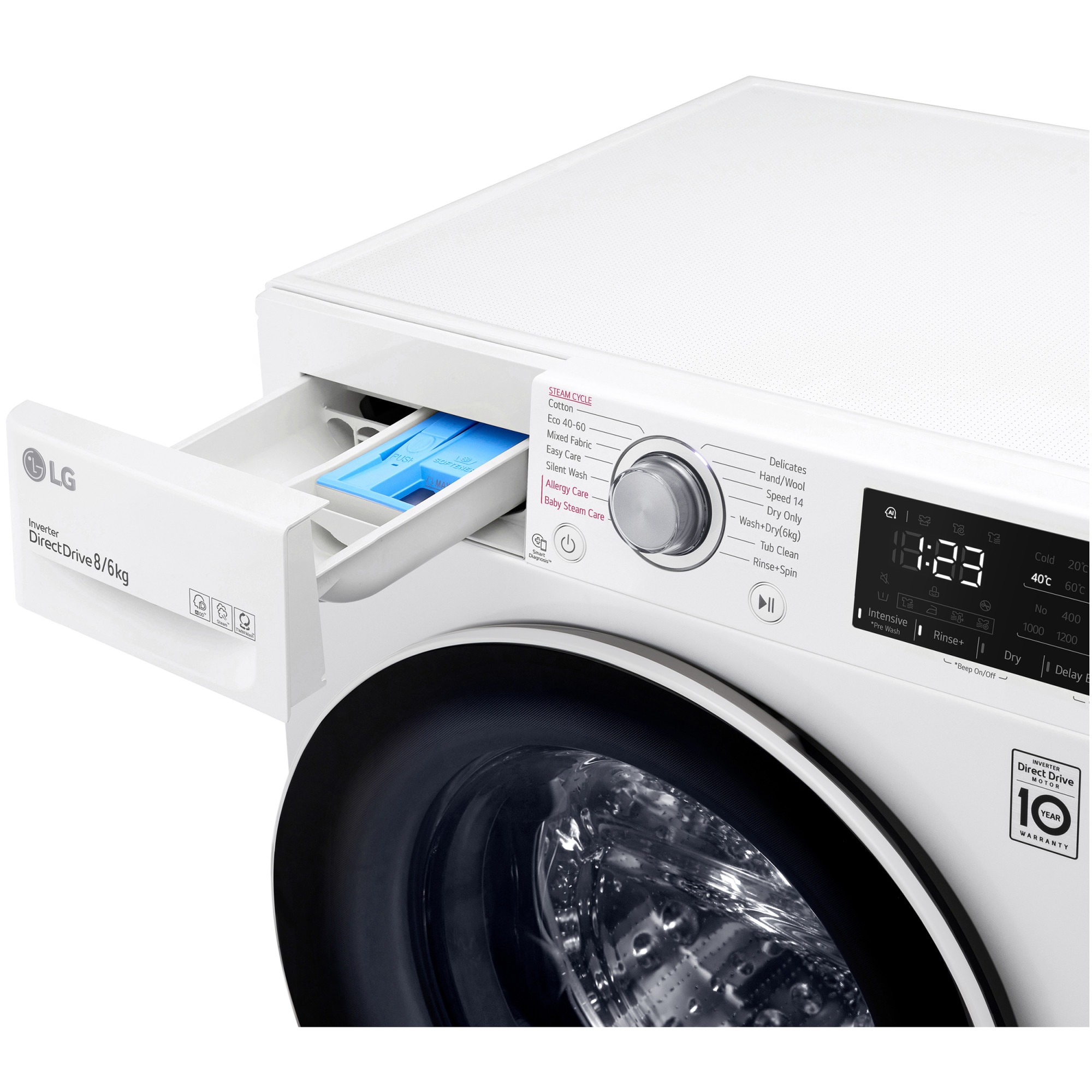 Masina de spalat rufe cu uscator LG F4DV328S0E, Spalare 8 kg, Uscare 6 kg, Clasa B, Motor Inverter Direct Drive, Steam, Alb